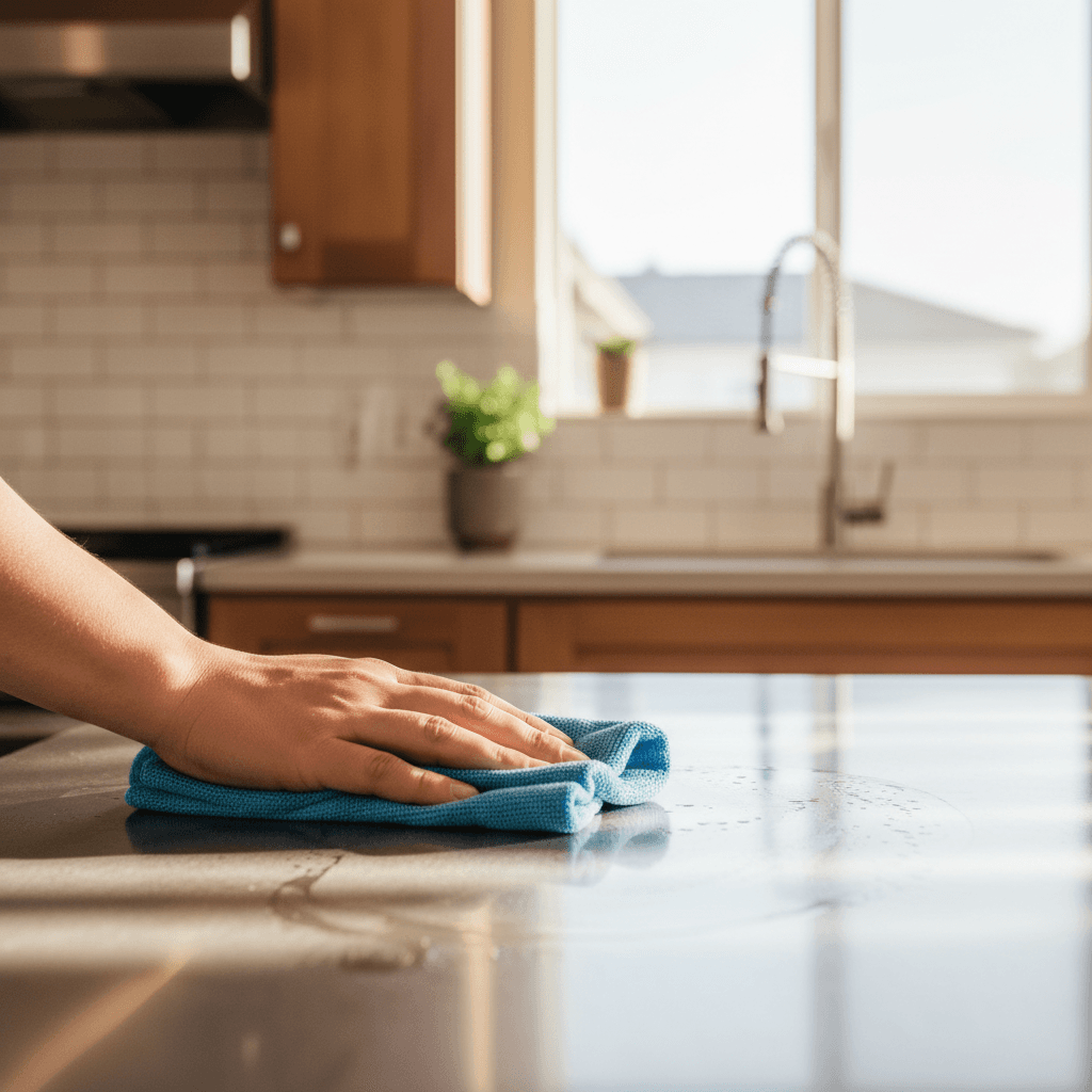 Professional cleaner carefully wiping down a kitchen countertop